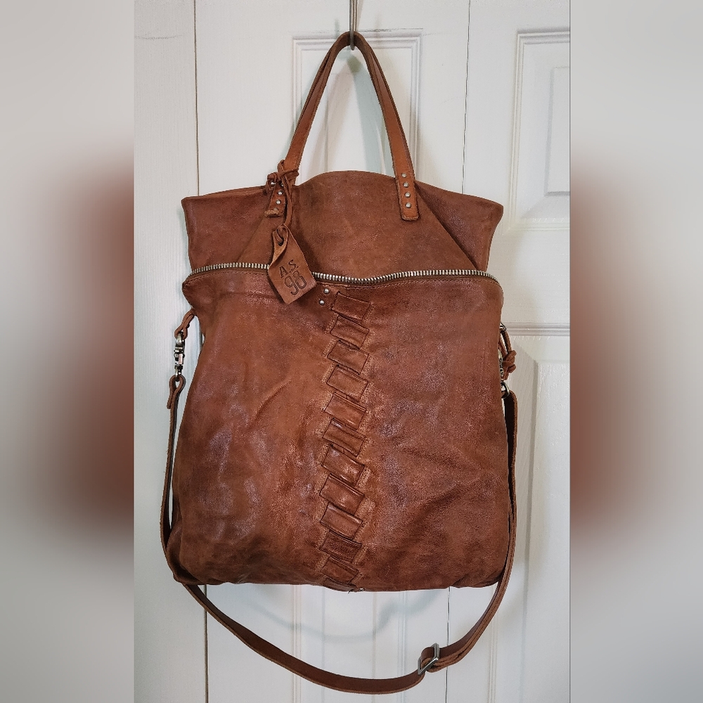 A.S.98 Cognac Leather Tote with Braided Front Detail
